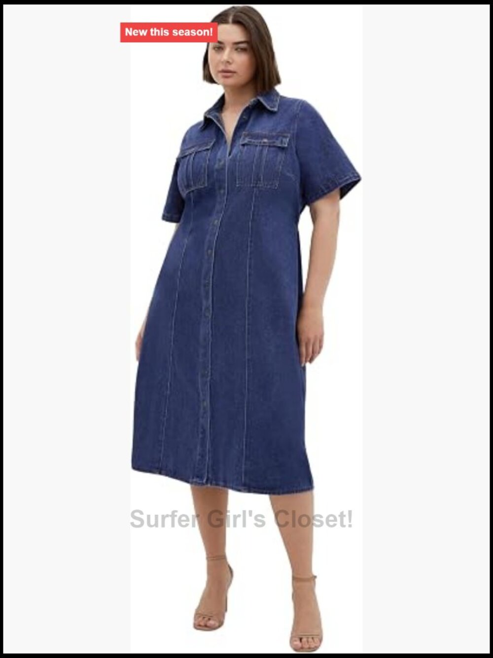 Plus Size Midi Denim Dress Sheath Collared Short Sleeve